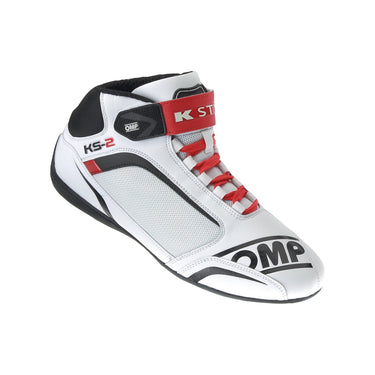 OMP KS-2 white and red kart racing shoe angled front view